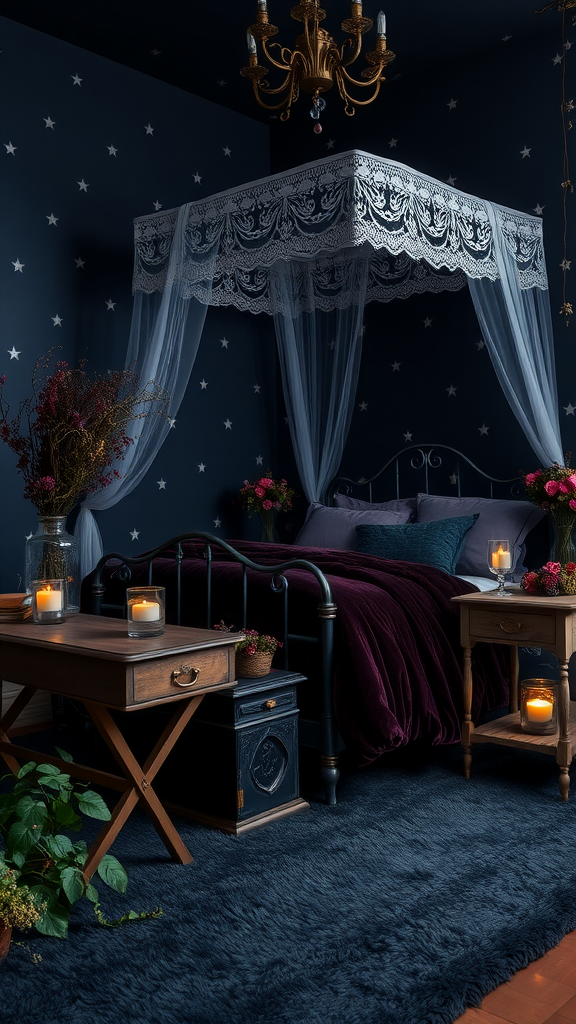 A dark cottagecore bedroom featuring a velvet bed, lace canopy, and starry walls, with candles on wooden side tables.