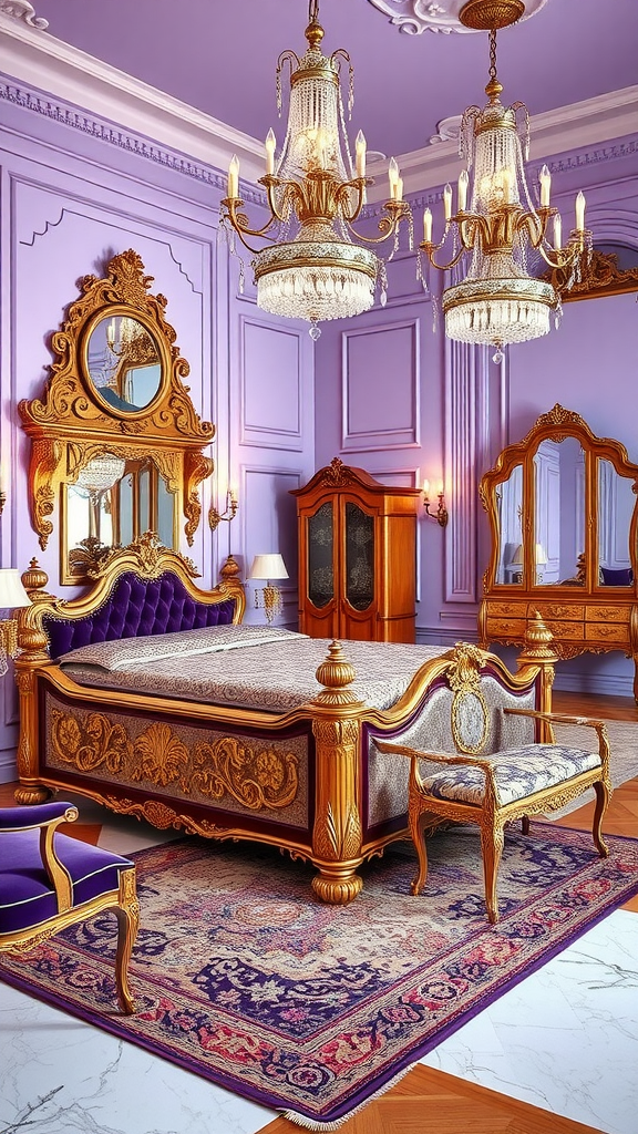 Luxurious Venetian-style bedroom with purple walls and ornate furniture.