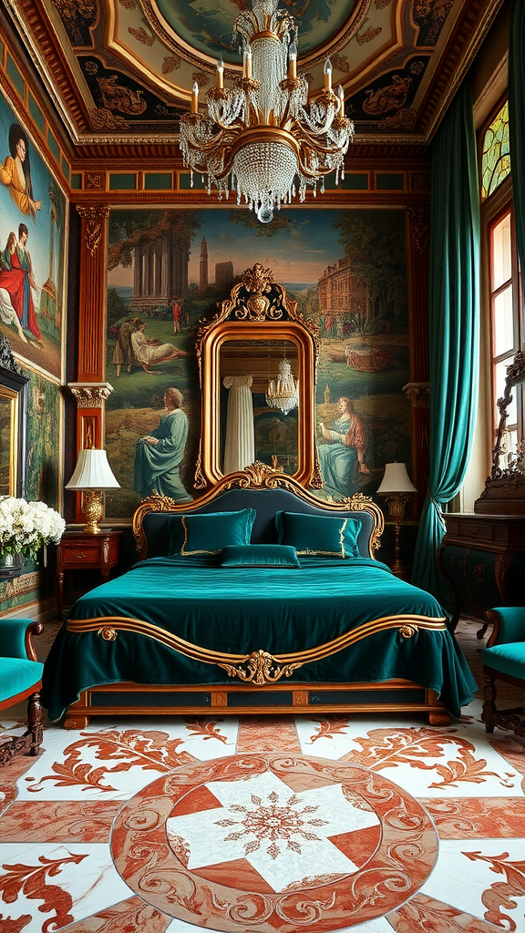 Luxurious Venetian bedroom with teal decor, ornate chandelier, detailed murals, and intricate patterned flooring.