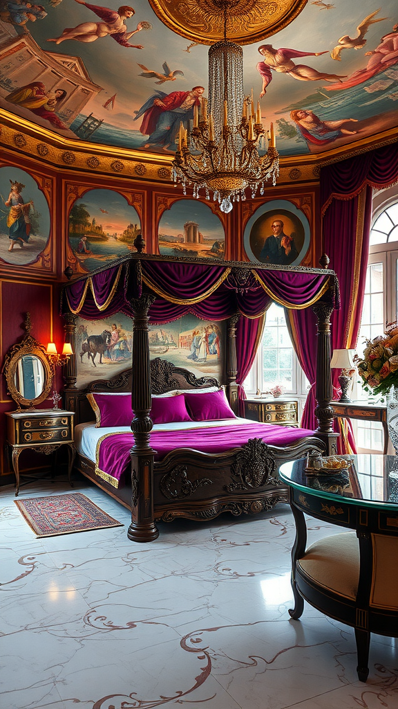 Opulent Venetian bedroom featuring ornate ceiling, plush bed, and luxurious decor