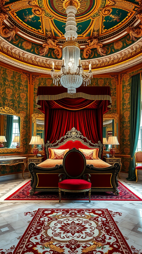 Luxurious Venetian palatial bedroom featuring ornate decor, a grand chandelier, and rich red tones.