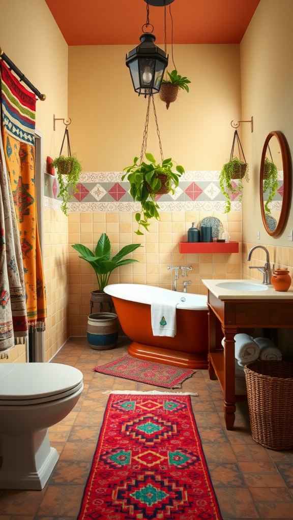 A cozy boho-style bathroom with vibrant textiles, a freestanding bathtub, and hanging plants.