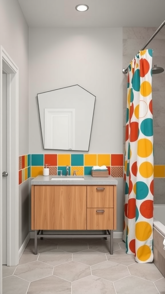 A mid-century modern bathroom featuring vibrant tile accents, a wooden vanity, and a colorful shower curtain.