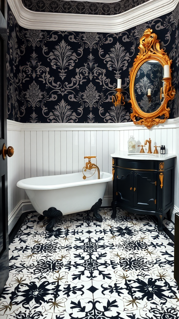 A Victorian-style bathroom featuring a freestanding tub, dark patterned wallpaper, a gold-framed mirror, and intricate black and white floor tiles.