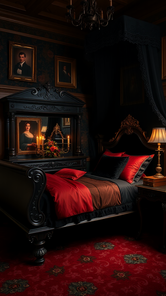 A Victorian-style bedroom featuring dark wood furniture, rich red and black bedding, and vintage portraits on the walls.