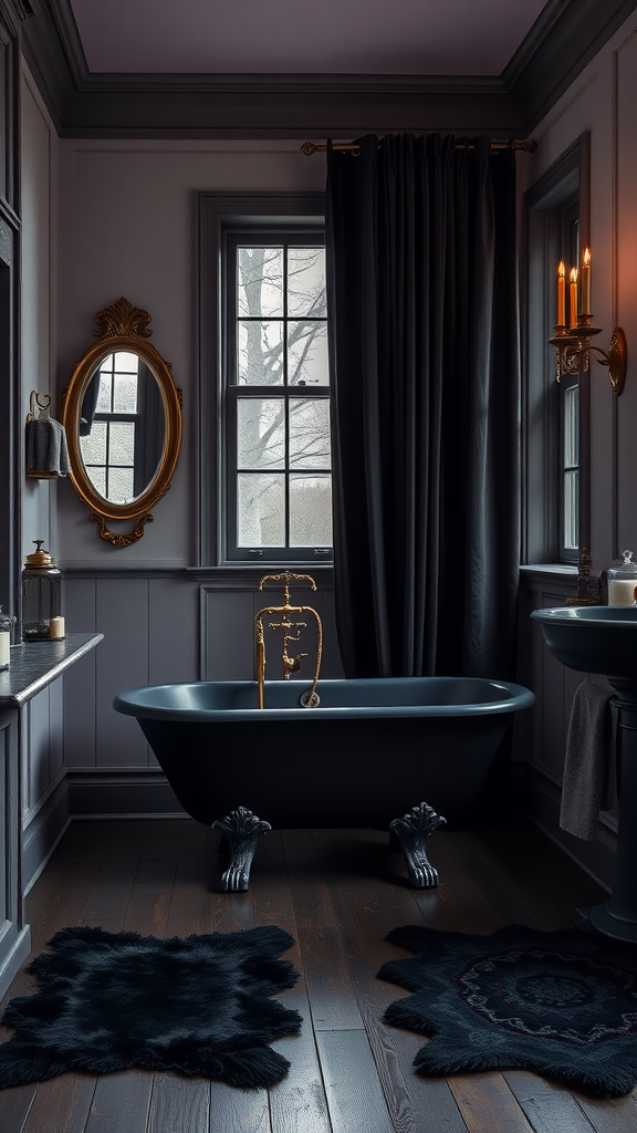 A Victorian-inspired dark bathroom featuring a clawfoot bathtub, soft lighting, and elegant decor.