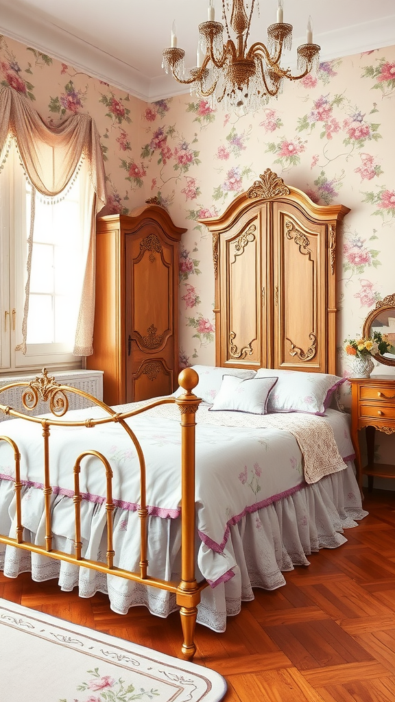 A beautifully decorated Victorian bedroom with floral wallpaper, wooden furniture, and a gold bed frame.