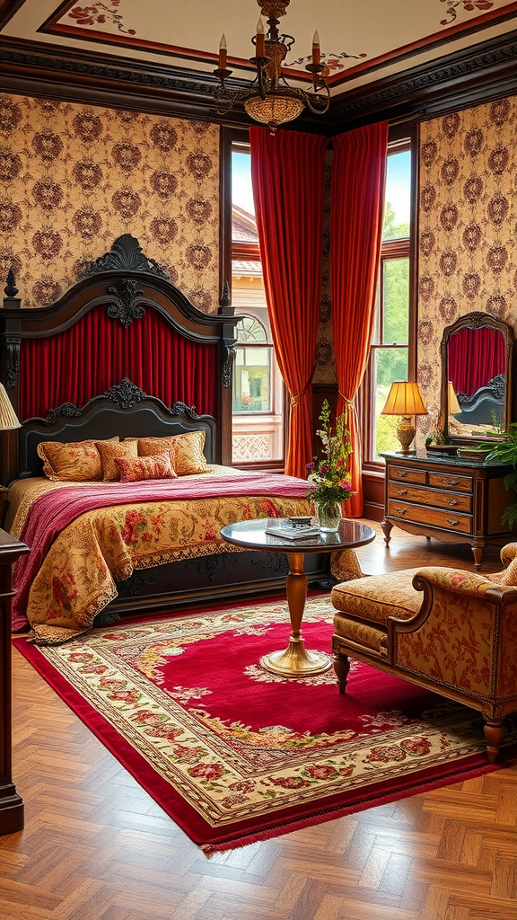 A beautifully decorated Victorian garden bedroom featuring a rich color palette, ornate furniture, and elegant decor.