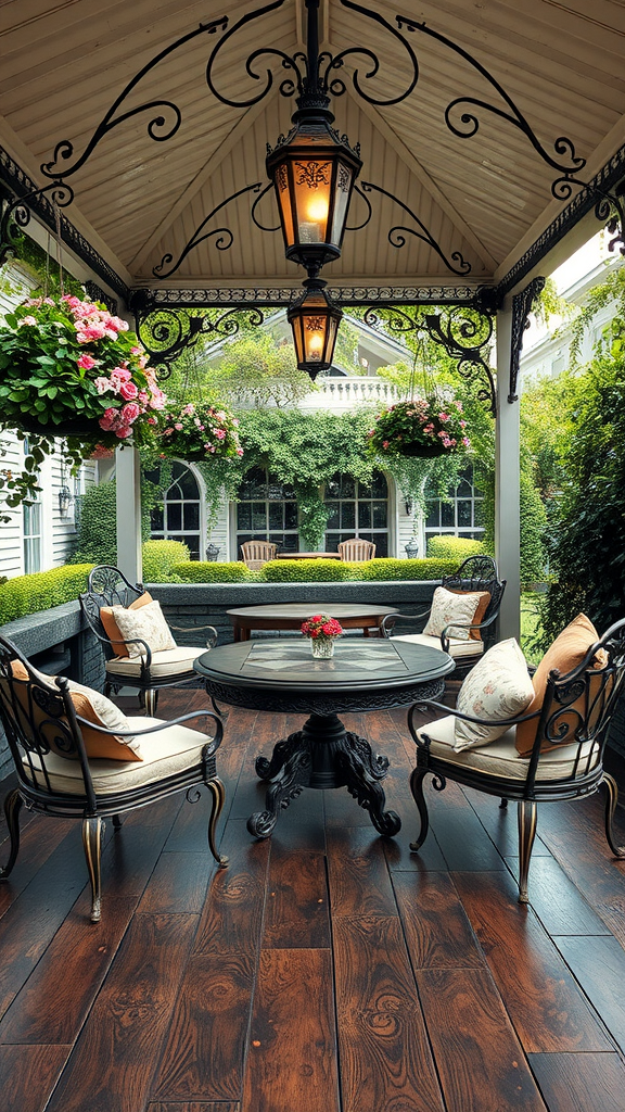 A Victorian-style covered patio with ornate details, featuring comfortable seating, a central table, and hanging flower baskets.