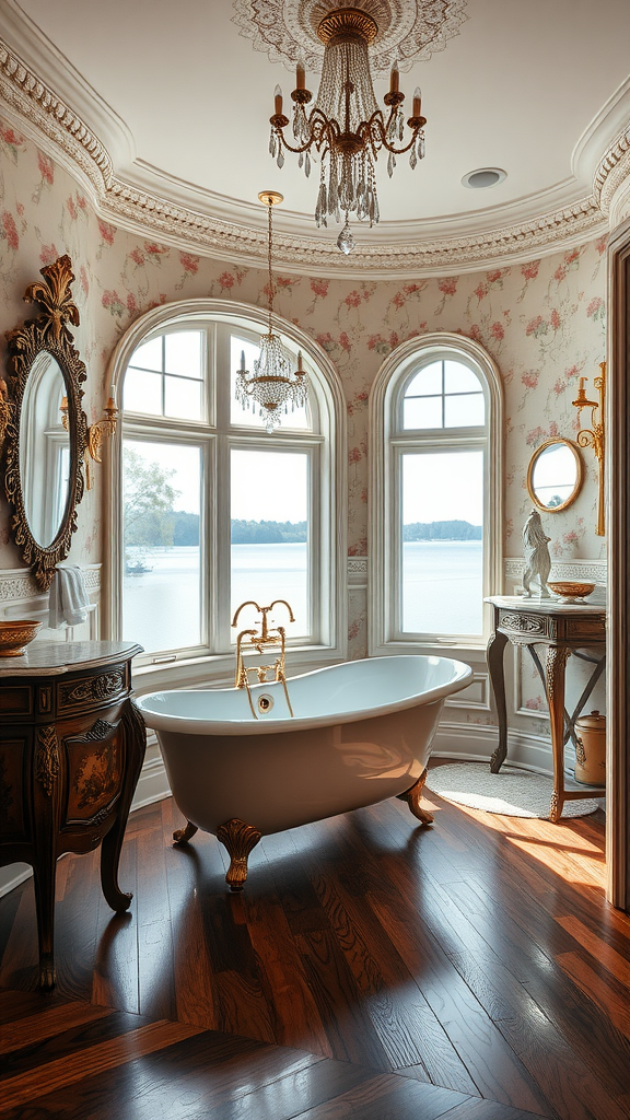 Victorian lake house bathroom featuring a freestanding bathtub, large windows, and elegant decor.