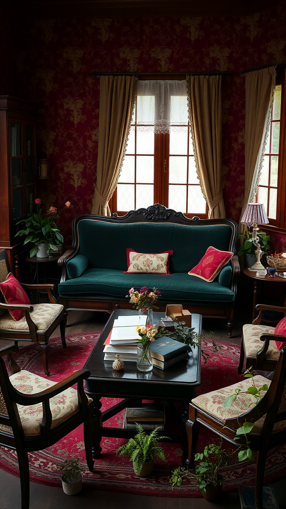 A cozy Victorian living room featuring a green sofa, floral cushions, and natural light from large windows.