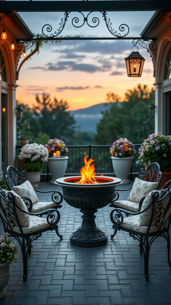 Victorian style patio with a fire pit, ornate chairs, and lanterns