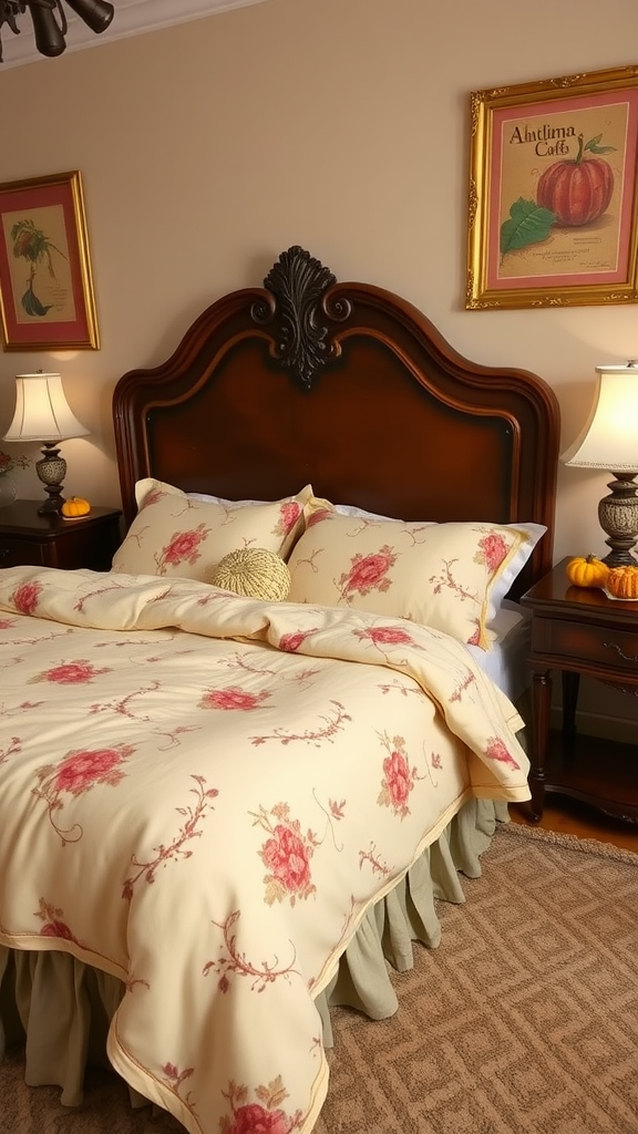 A cozy vintage-inspired bedroom featuring floral bedding, elegant lamps, and autumn decor.