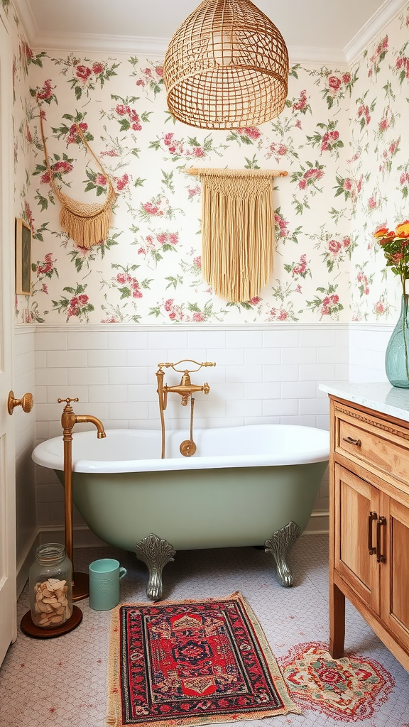 A beautifully styled vintage boho bathroom featuring floral wallpaper, a green freestanding tub, brass fixtures, and decorative elements.