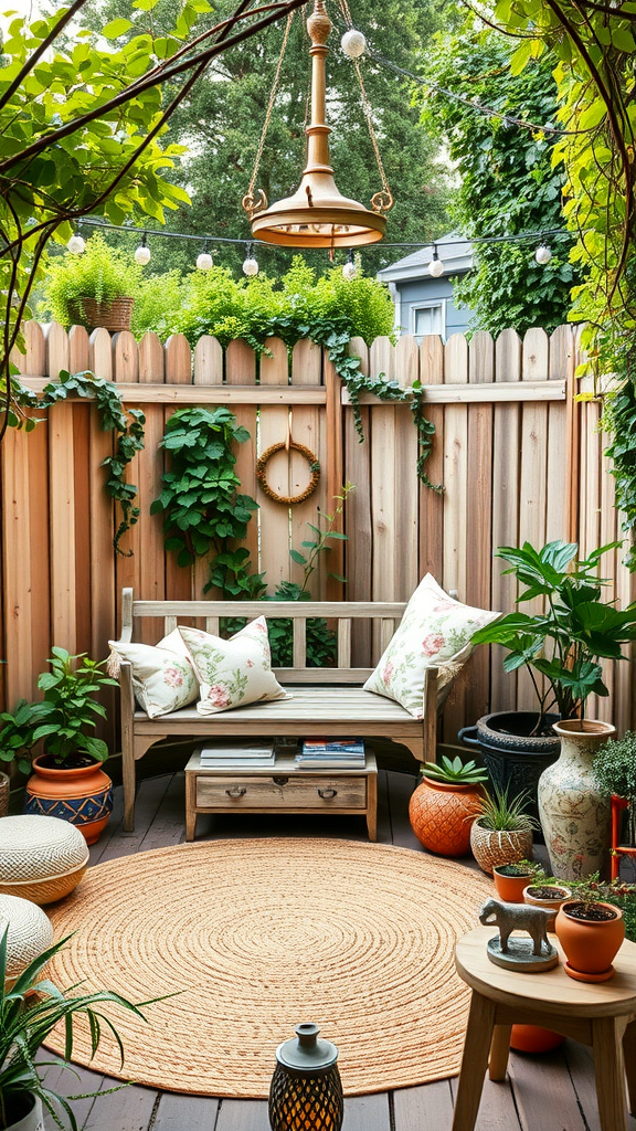 Cozy vintage boho patio garden with a wooden bench, plants, and a circular rug