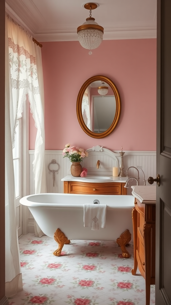 A vintage boho bathroom with a pink wall, freestanding bathtub, and floral decor.