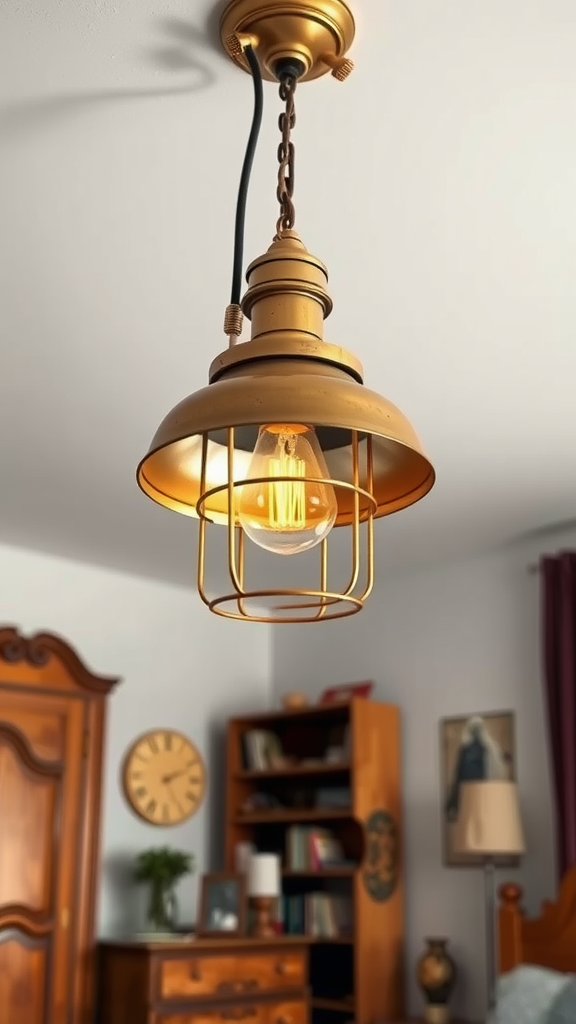 A vintage brass pendant light hanging from the ceiling, illuminating a cozy bedroom space.