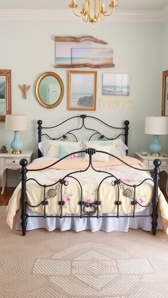 A vintage coastal bedroom featuring a black metal bed with floral bedding, mint green walls, coastal artwork, and blue lamps.