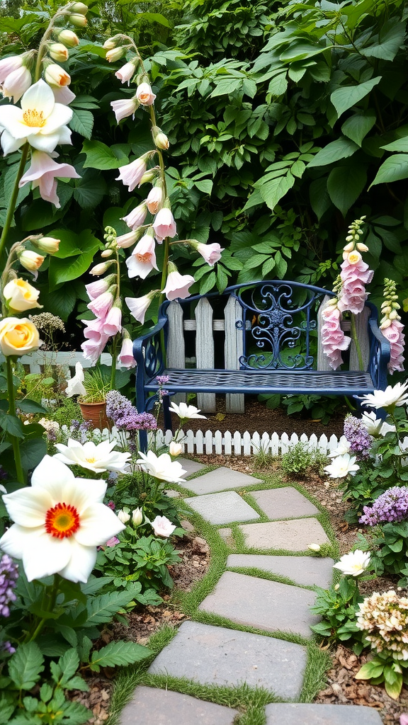 A charming vintage cottage garden with flowers, a stone path, and a blue bench surrounded by greenery.