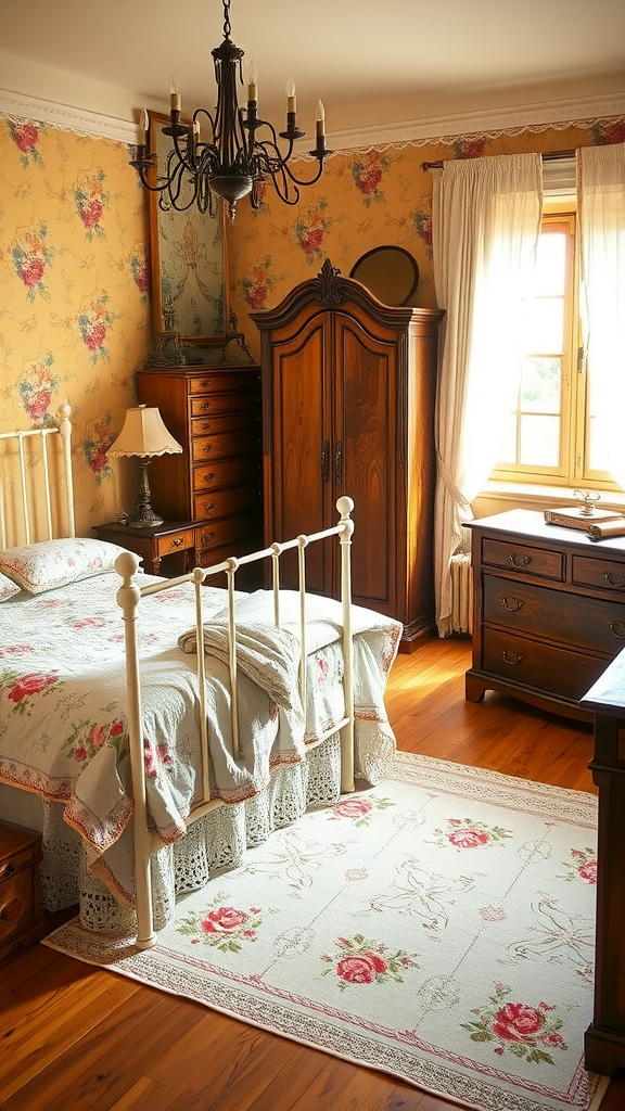 Vintage countryside bedroom with floral wallpaper, an iron bed, and wooden accents.