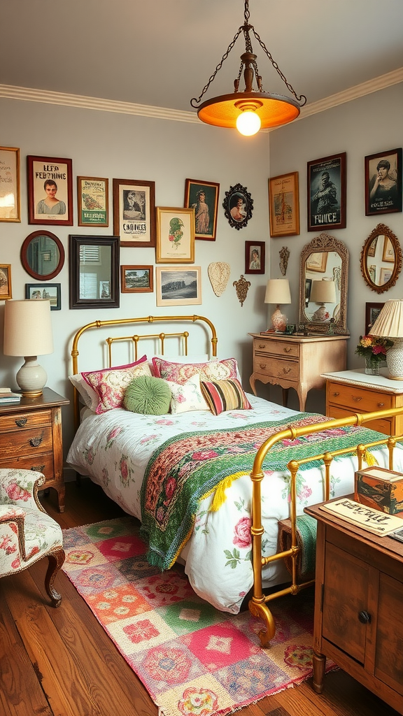 Vintage eclectic bedroom featuring a floral bedspread, a gold bed frame, and a gallery wall of framed art.