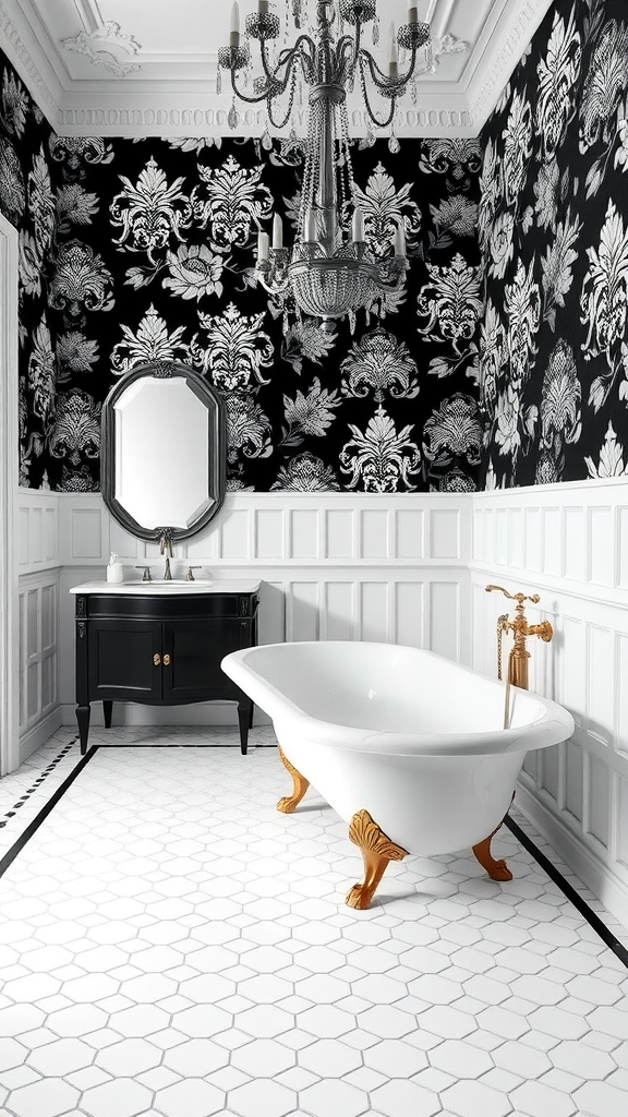 A vintage-style black and white bathroom with ornate wallpaper, a freestanding tub, and a chandelier.