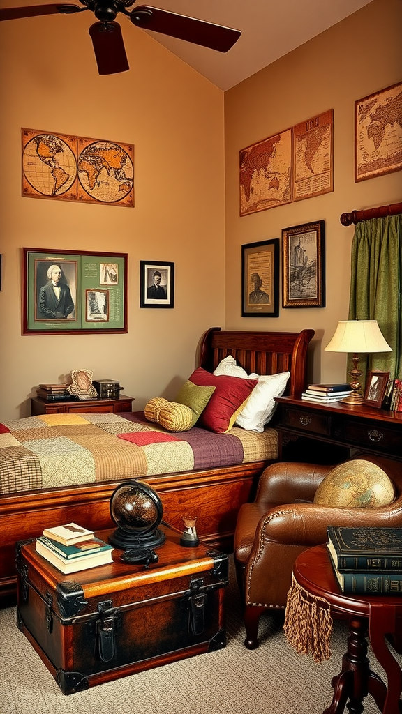 A vintage-themed bedroom featuring maps on the walls, wooden furniture, a globe, and a cozy bed with colorful pillows.