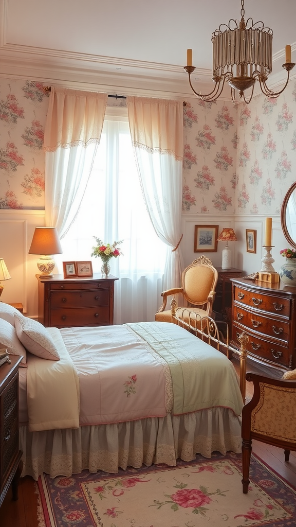 Cozy vintage floral bedroom with floral wallpaper, a ruffled bed skirt, and antique furniture.