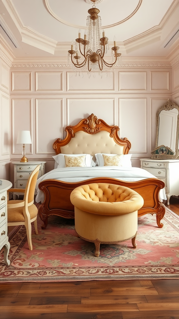 A vintage French country bedroom featuring an ornate bed, elegant chandelier, and soft color palette.