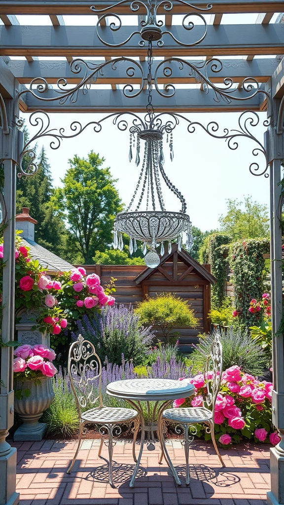 A vintage garden pergola featuring a chandelier, surrounded by colorful flowers and a small table with two chairs.