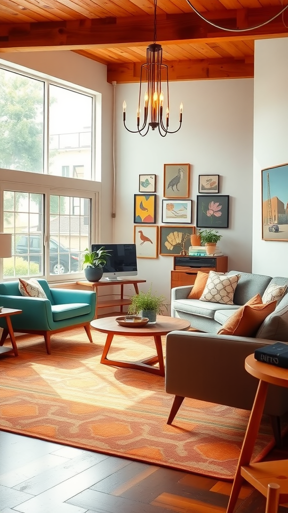 A cozy mid-century modern living room featuring turquoise chairs, a neutral sofa, a wooden ceiling, and colorful wall art.