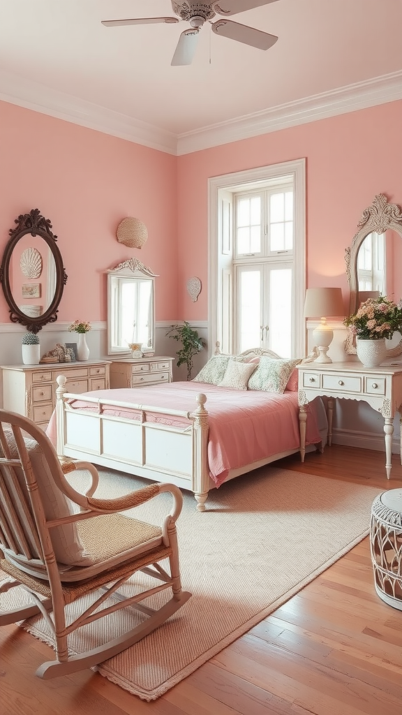 A vintage pink coastal bedroom with soft pink walls, a bed, and wooden furniture.