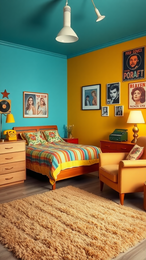 A vintage retro bedroom with bright blue and yellow walls, colorful bedding, and classic movie posters.