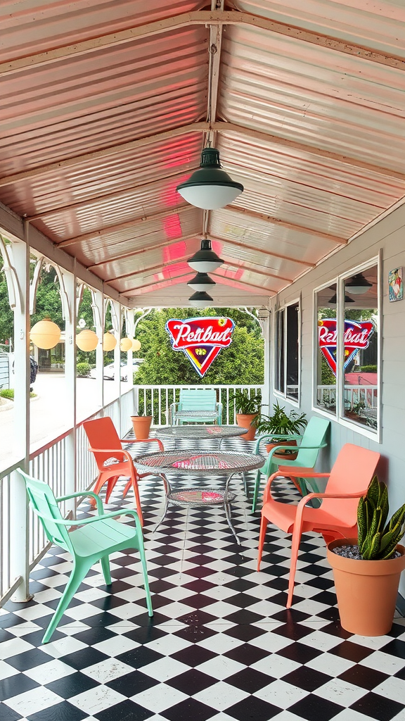 A vintage retro covered patio featuring mint green and coral chairs, black and white checkered floor, and a neon sign.