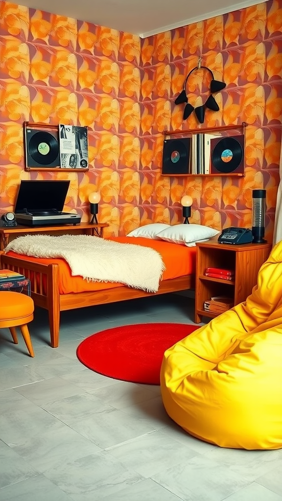 A vintage retro styled bedroom with orange walls, records on display, and bright furniture.