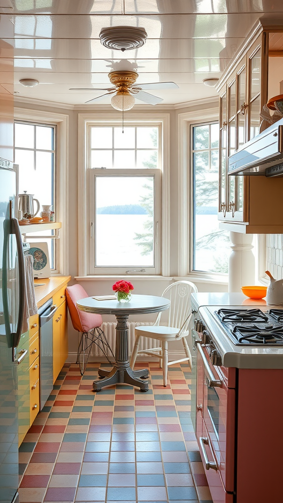 A vintage retro kitchen with colorful cabinets, a cozy dining table, and a view of the lake.