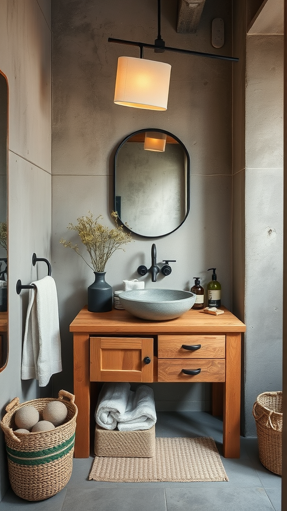 A modern bathroom featuring a wooden vanity, stone sink, round mirror, and natural decor elements.