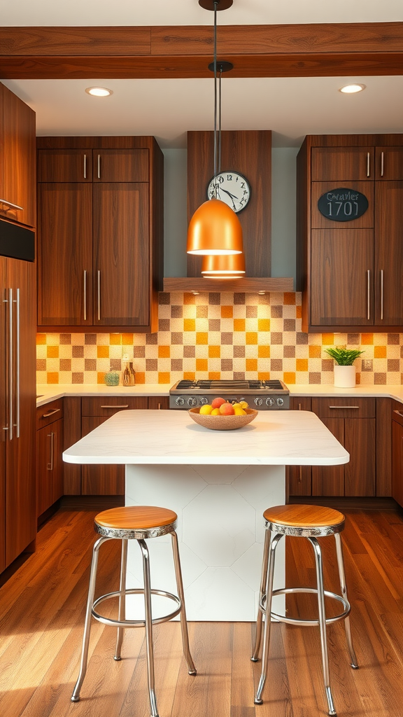 A warm and inviting mid-century modern kitchen featuring wooden cabinets, a white island, and a copper pendant light.