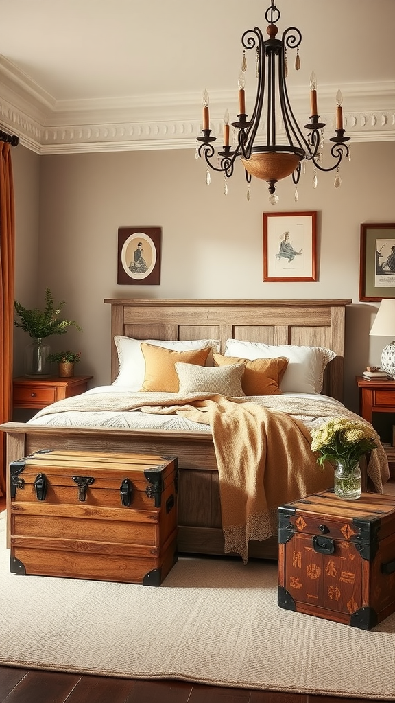 Cozy bedroom featuring a wooden bed frame, warm color accents, vintage trunks, and elegant chandelier.