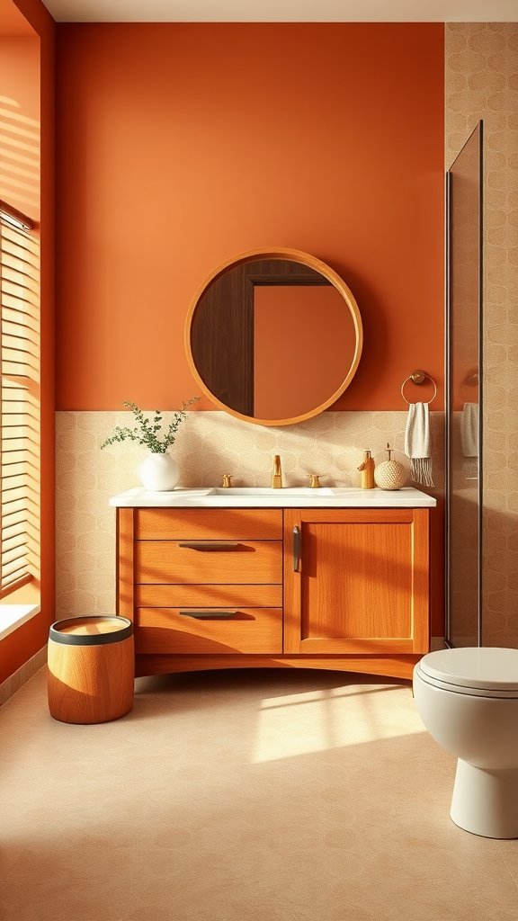 Bathroom featuring warm earthy tones with an orange wall, wooden vanity, and circular mirror.