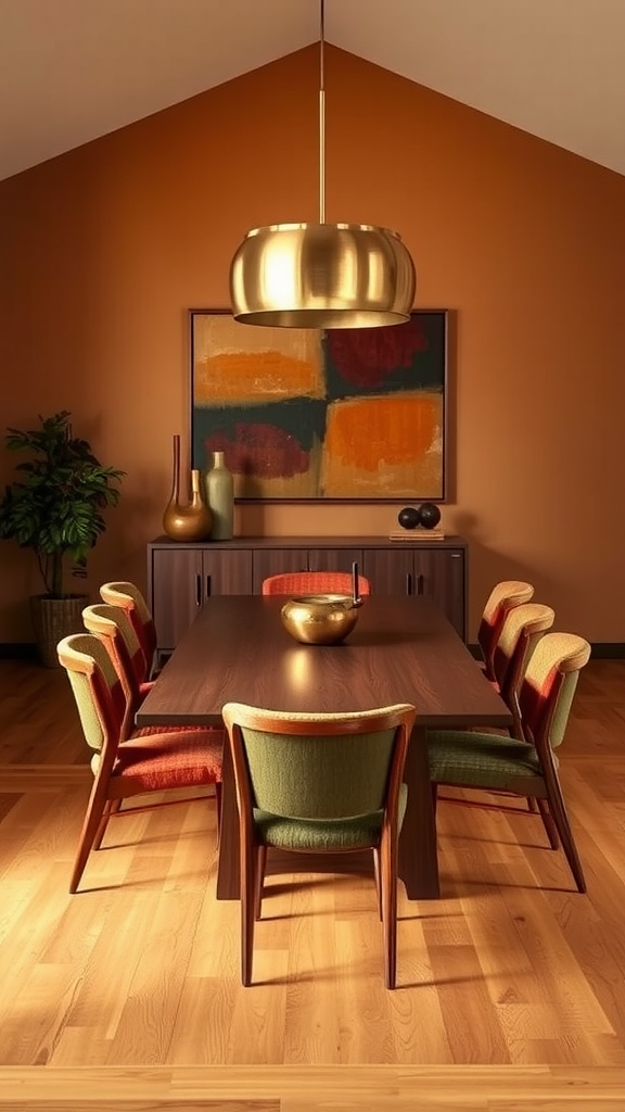 A warm mid-century modern dining room featuring a wooden table, colorful chairs, and a gold pendant light.