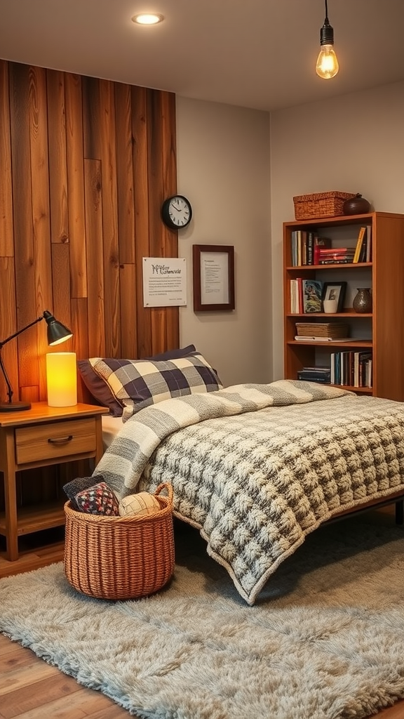 Cozy dorm room with wooden panel wall, bed with plaid pillows, a warm light, and a bookshelf