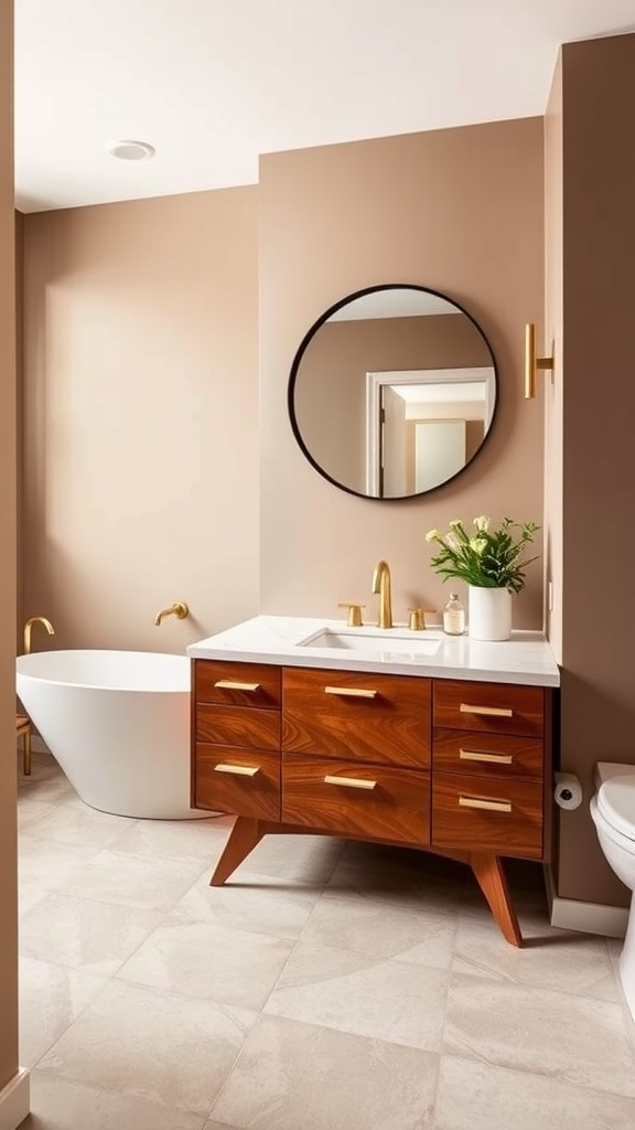 A stylish mid-century modern bathroom showcasing warm taupe walls, a wooden vanity, a unique bathtub, and brass fixtures.