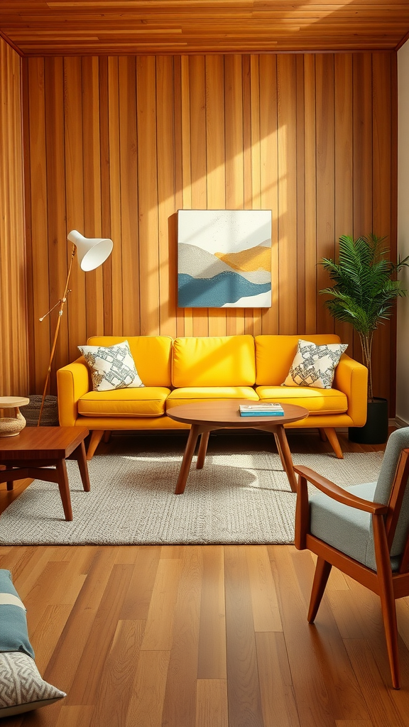 A cozy mid-century modern living room featuring a yellow sofa, wooden paneling, and retro furniture.