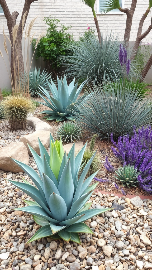 A xeriscape garden featuring agave plants, lavender, and decorative rocks.