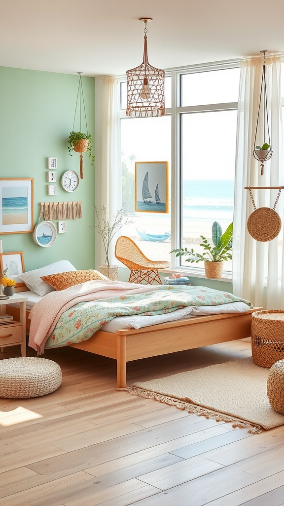 A cozy coastal bedroom with green walls, ocean view, and beach-themed decor.