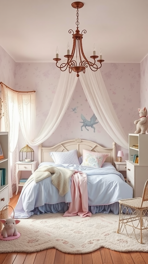 A whimsical bedroom featuring pastel colors, a cozy bed with decorative pillows, a chandelier, and playful decor elements.