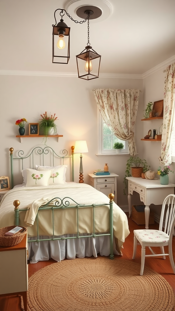 A cozy, whimsical cottage-style bedroom with a green metal bed, floral bedding, light curtains, and decorative shelves.