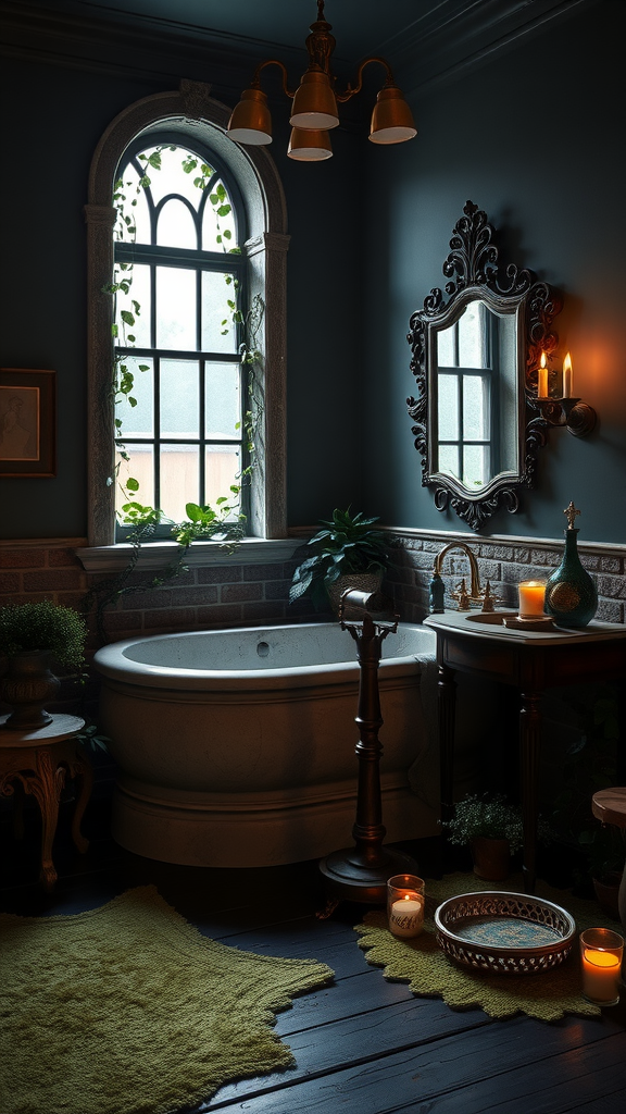 A dark, cozy bathroom featuring a freestanding tub, plants, candles, and vintage decor.