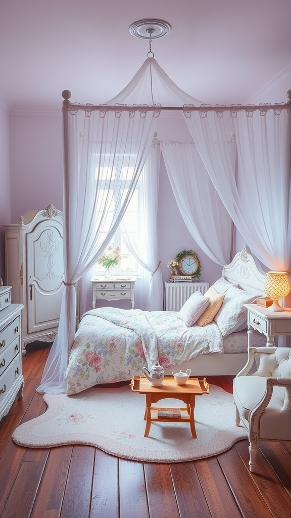 A whimsical fairy tale bedroom with a canopy bed, soft purple walls, floral bedding, and playful decor.